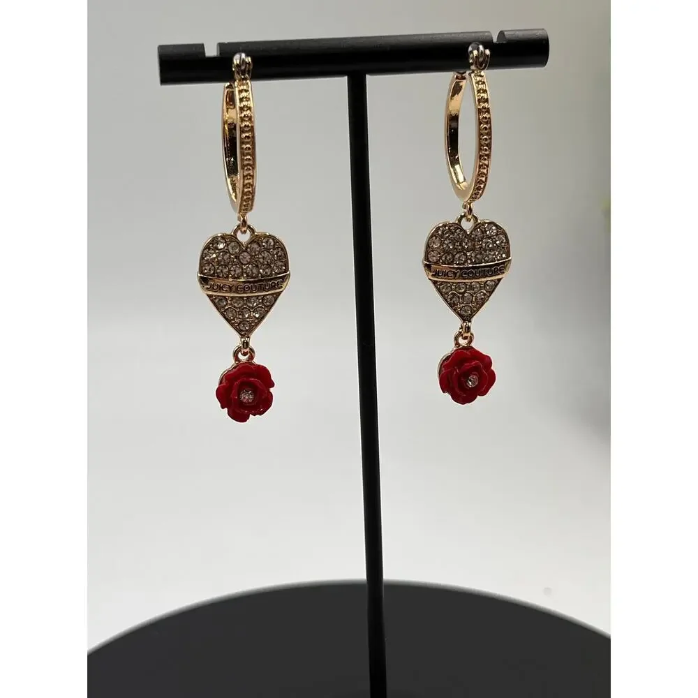 Juicy Couture Gold Hoop‎ Earrings Crystal Pave Heart Red Rose Charm
